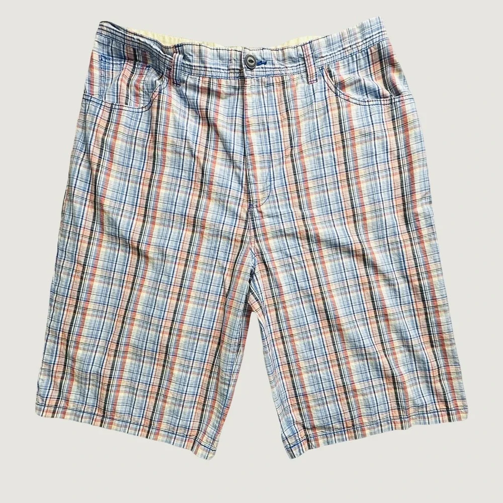 Footaction Shorts Mens 40 Blue Orange Plaid Cotton Casual Cargo Flap Pocket